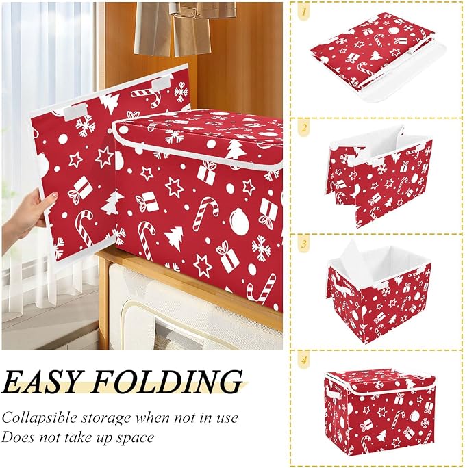 CaTaKu Large Fabric Storage Bins With Lids, Red Christmas Tree Storage Boxes With Handles for Organizing Clothes, Collapsible Storage Cube Bins Baskets for Shelves