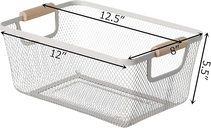 Basicwise Multipurpose Metal Mesh Basket w/Wooden Handle Storage Organizer for Kitchen Pantry Bathroom Cabinet Closet Countertop Fruit Holder Picnic Food and Beverages Carrier and Home Decor, Medium