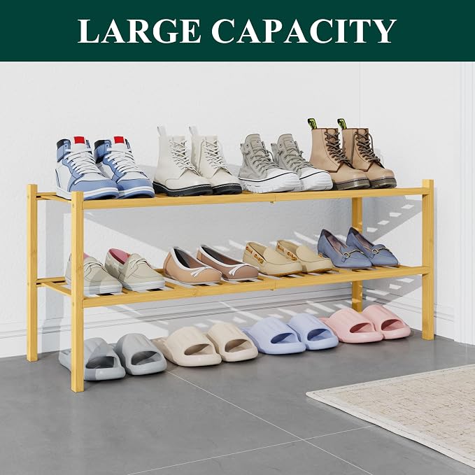 Smiry Bamboo Shoe Rack for Closet, 2 Tier Long Wooden Shoe Organizer, Stackable Wood Shoe Storage Shelf for Entryway, 14 Vertical Slats, One-piece Heavy-Duty Legs, 33.86"x11.02"x12.99", Natural