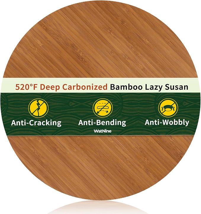 14'' Bamboo Wood Lazy Susan Organizer, Lazy Susans for Table Top, Deep Carbonized Rotating Tray, Sturdy Spinning Base, Non Slip, Spice Rack Organzier, Turntable for Kitchen Cabinet, Countertop, Pantry