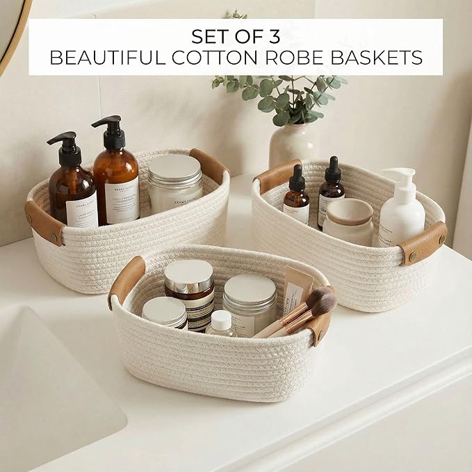 Beautiful Storage Basket Set of 3 - Sturdy Jute Rope Baskets for Shelves Are Perfect for Organizing Your Home - Quality Storage Bins Easily Fit With Any Nursery or Bedroom Decor