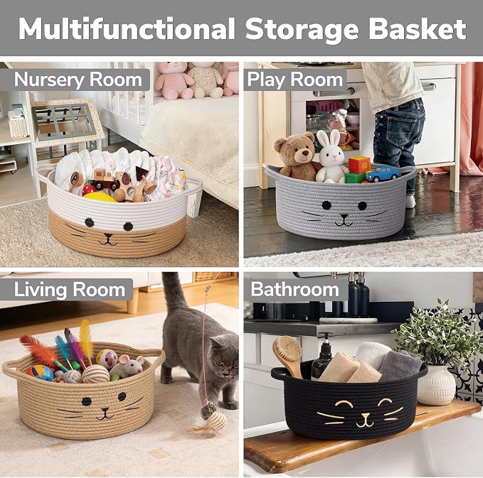Cat Toy Basket, 13.8" x 6" Black Woven Basket for Gifts, Decorative Storage Basket for Nursery Living Room, Pet Dog Toy Storage