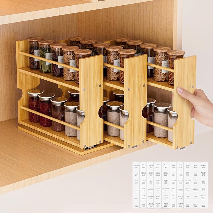 Jolitac Bamboo Pull Out Spice Rack for Cabinet, Slide Out Drawers | 1.85" Wide Drawers, Space-Saving Vertical Organization, Easy to Install, 9.1" Wide, 3 Drawers, 2-Tier