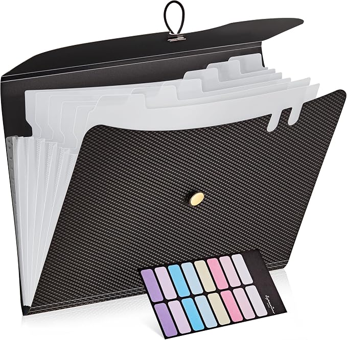 JARLINK 7 Pockets Expanding File Folder, A4 Accordion folders, Black | Accordion File Folders with 12 Labels, Portable Document Organizer for Home, College, School, and Office Supplies