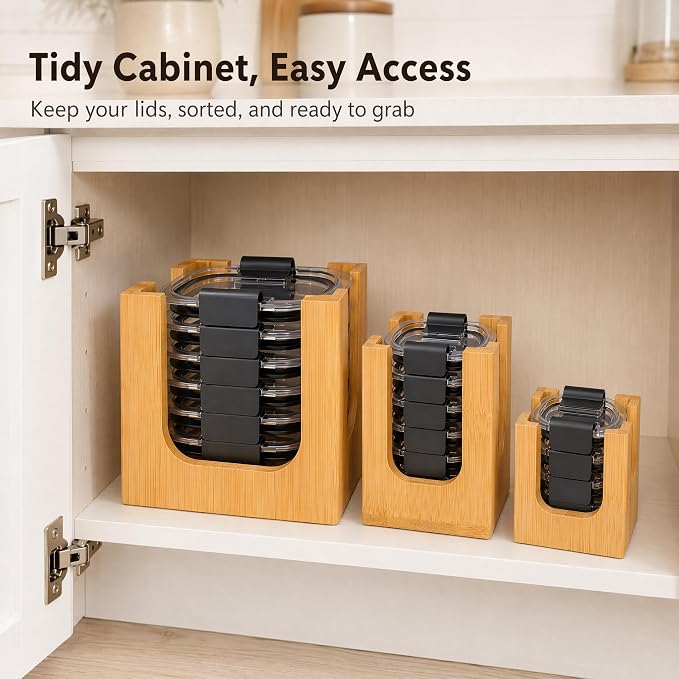 Bamboo Lid Organizer Rack for Rubbermaid Brilliance | 3-piece stackable lid holder, holds 24 lids, fits 4.7/3.2/1.3/0.5 cup, premium warp-resistant bamboo, no assembly needed