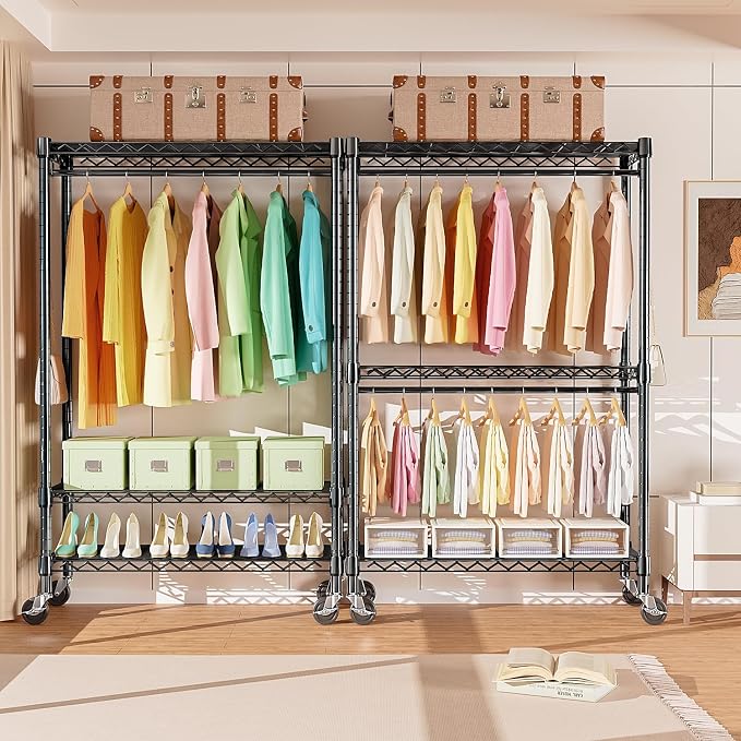M MZG Heavy Duty Rolling Garment Rack 3 Tiers Adjustable Wire Shelving Clothes Rack with Rods and Side Hooks,Storage Closet Clothing Rack with Wheels Black 17.7" D x 47.2" W x 83.6" H
