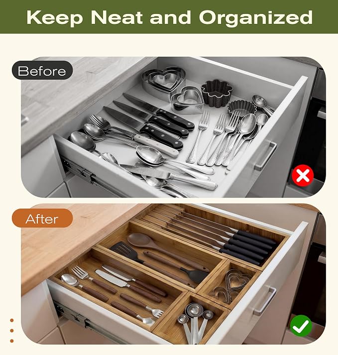 KOCWELL Bamboo Silverware Drawer Organizer with Knife Block, 5 Removable Drawer Organizer Bins - Multi-Use for Kitchen Utensils, Office, Makeup, Tools Storage