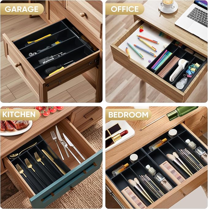 Silverware Organizer, 10 Inch Utensil Organizer Kitchen Drawer Organizer Bamboo Silverware Holder Cutlery Tray Organizer in Drawer Flatware Organizer Tray(5 slots, Black