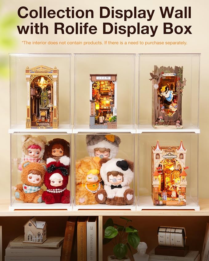 Rolife Acrylic Display Case Dust Cover for Collectibles, Dustproof Protection Showcase with White Base with Door for Plush Toy, Book Nook & Daily Goods (12.2''x9.8''x9.8'')
