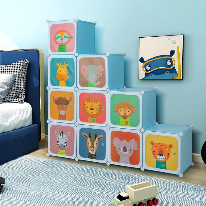 Costzon Kids Closet, Cartoon DIY Modular Dresser Storage Organizer with 12 Cubes & 2 Clothes Hanging Rack, Portable Armoire for Baby Toddlers, Kids Wardrobe for Bedroom Nursery (Blue)
