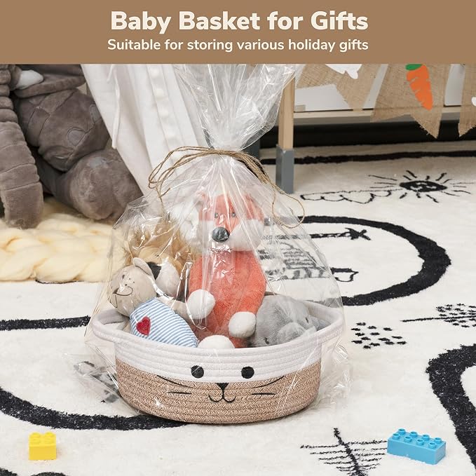 Cute Cat Toy Basket, Gift Baskets Empty for Home Decor, Soft Woven Basket for Living Room, Decorative Storage Baskets for Diaper Caddy, White & Brown, 9.8 x 4 inches