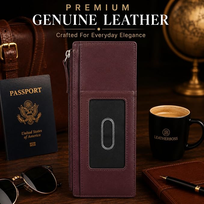 Leatherboss Genuine Leather Women's All in One Credit Business Card Case Holder Slim Zipper Wallet With a Card Protection Strap, Cherry