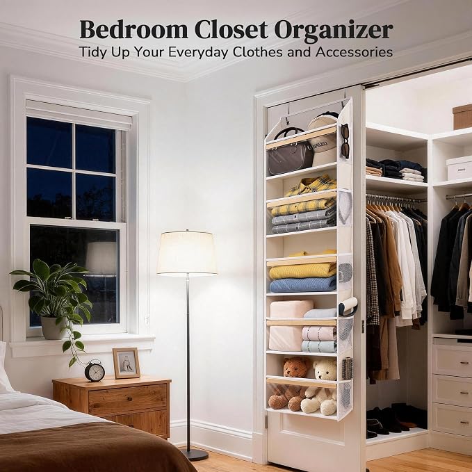 5 Tiers Natural Bamboo Over Door Organizer with 10 Mesh Side Pockets, 50 lbs Weight Capacity Hanging Storage Organizer with Clear Window Kids Toys, Shoes, Diapers, Warm Beige