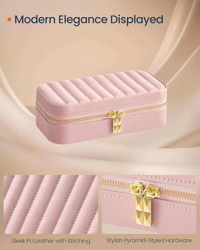 SONGMICS HOME Travel Jewelry Case with Mirror, Stitching, Portable | Jewelry box organizer, 4.1 x 8 x 2.4 Inches, Gift Idea, Jelly Pink, UJBC180S01