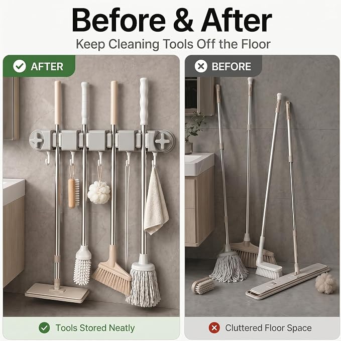 Mop and Broom Holder Wall Mount, No Drill Suction Cup Broom Organizer with 4 Slots & 5 Hooks, Removable Cleaning Tool Holder for Bathroom, Laundry Room, RV Camper