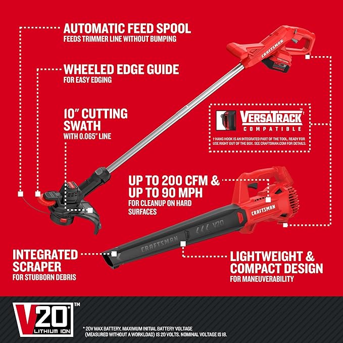 CRAFTSMAN V20 Cordless String Trimmer/Edger and Leaf Blower Combo with 4.0 Ah Battery and Charger, Wide Cut Weedwacker, 90 MPH Blower, Lightweight (CMCK279M1)