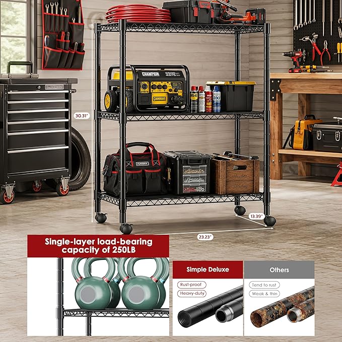 Simple Deluxe 3-Tier Heavy Duty Adjustable Storage Shelf with Wheels, 23.23”W x 13.39”D x 30.31”H, Mobile or Stationary Metal Shelving Unit, Easy Assembly for Kitchen, Pantry, Laundry Room, Black