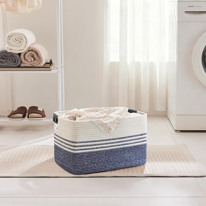 45L Woven Laundry Basket Hamper with Leather Handles,Denim Blue | 18"x14"x11", collapsible wicker hamper, storage for dirty clothes, toys, blankets, gifts, living room, bedroom, bathroom