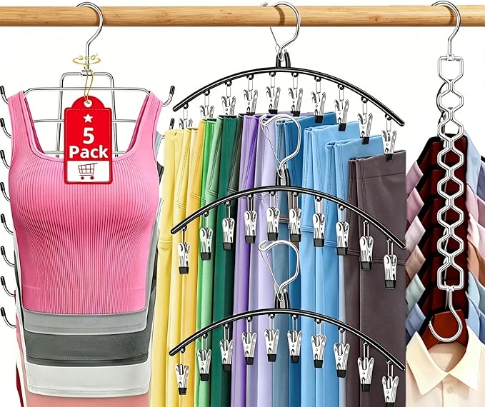 5Pcs Legging Organizer for Closet Tank Top Pant Hanger Space Saving | 3 Leggings Hangers with 30 Clips for Pants 1 Tank Top Hanger 1 Metal Magic Space Saving Hangers Closet Organizers and Storage