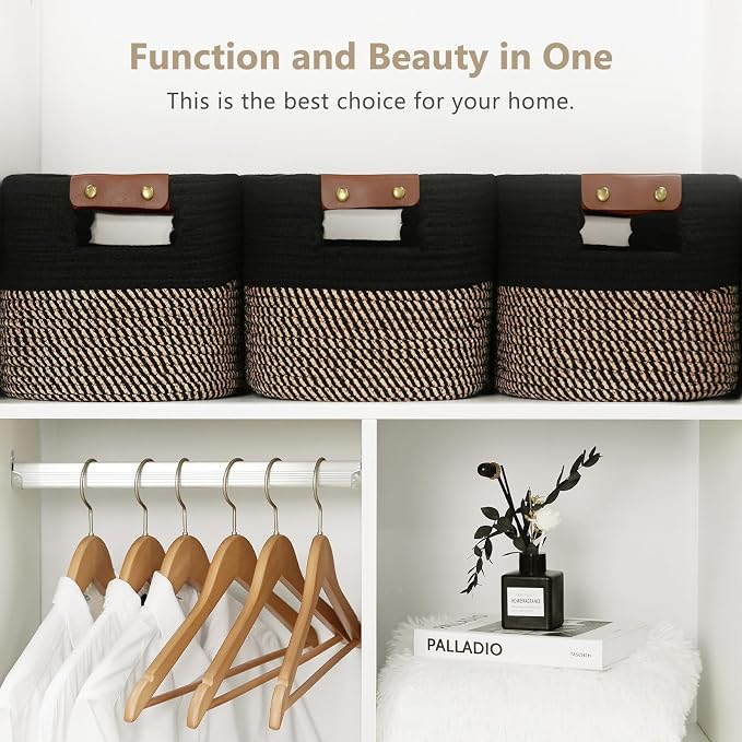 ECDYQXVU 15x10x9 Woven Cotton Rope Storage Basket, Leather Handles 2 Pack | Foldable Design, Sturdy PU Handles, Easy to Clean Organizer for Living Room, Closet, Shelves, Bedroom, Laundry, Clothes
