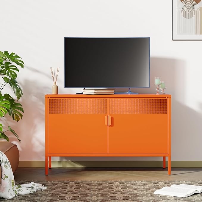 Ustamio Orange Wide Metal Locker Storage Cabinet, 2 Door Metal Accent Cabinet for Home and Office, 2 Tier Low Metal Cabinet with Doors and Shelf, Multipurpose Metal Tv Stand Cabinet