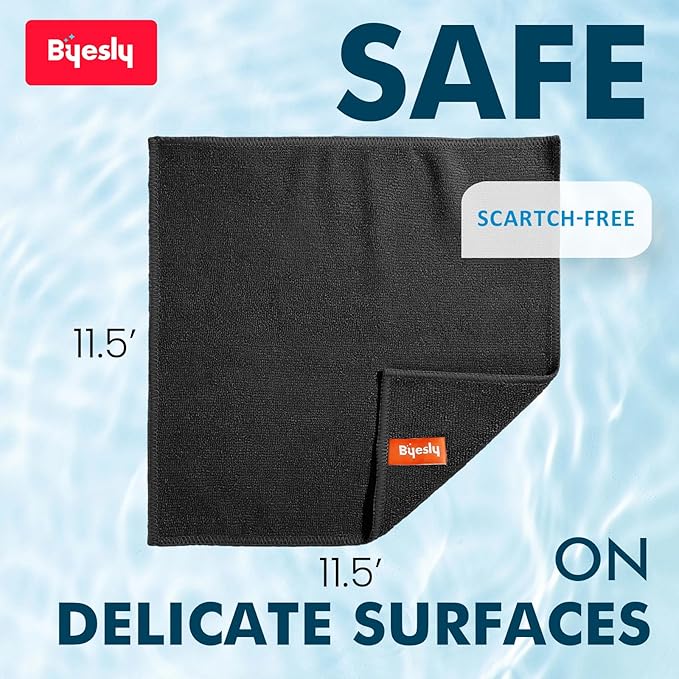 12-Pack Microfiber Cleaning Cloth, 11.5x11.5 Microfiber Towels for Cars, Dishes & House, for Detailers, Chefs & Efficient Home | Scratch-Free, Lint-Free, Ultra Absorbent(Black)