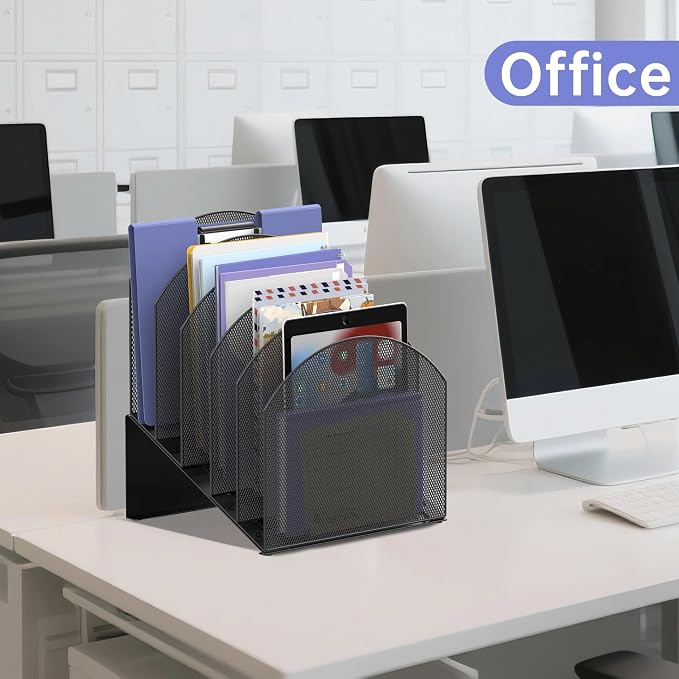 File Organizer for Desk, 5-Section Mesh Mail Holder, Black | Mesh file organizer for desk, mail organizer and folder holder for A4/letter papers, notebooks, binders and office supplies