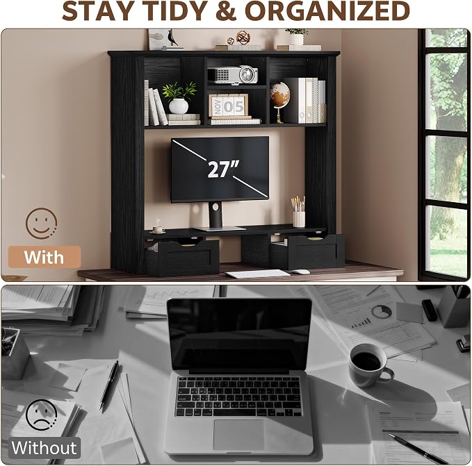 Desk Shelf with Computer Monitor Stand, 37.4''W Desktop Bookshelf Display Rack, Desktop Organizer Storage Rack with Cubbies & Drawers, 5-Tier Hutch for Home, Office, Dorm, Vanity, Black
