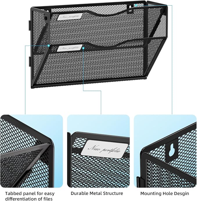 Marbrasse Wall File Holder 2-Tier Hanging Wall File Organizer, Mesh Mail Holder for Papers, Wall Mount File Clipboard & Magazine Organizer Great for Office Home - 2P
