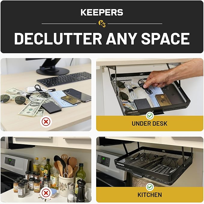 KEEPERS - Under Desk Drawer Slide Out – Metal Under Desk Storage Drawer for Office, Home, RV, Kitchen – Slim Under Table Drawer Attachment with Easy DIY Mount - Under Desk Organizer - 13x10x2.5In