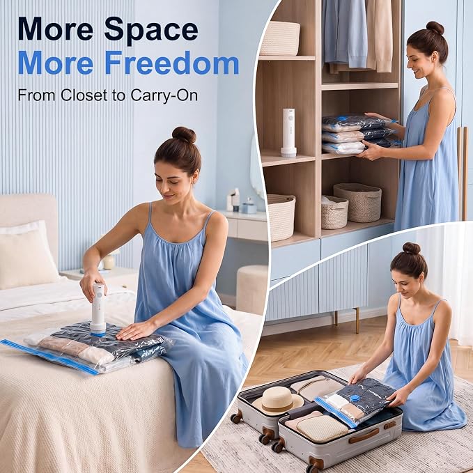 12 Pack Vacuum Storage Bags for Travel with Cordless Rechargeable Pump, Carry-On Compression Seal Bags for Luggage and Suitcase, Space Saver for Clothes and Packing
