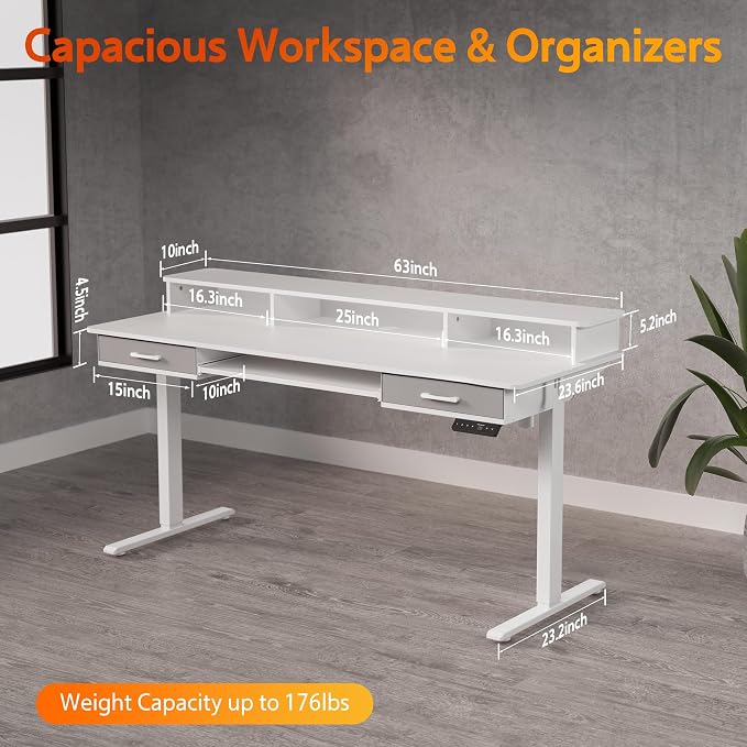 WALKINGDESK 63 Inches Electric Standing Desk with Keyboard Tray, Height Adjustable Sit to Stand Table with 2 Drawers, Ergonomic Home Office Desk with Storage Shelf, Computer Table, White