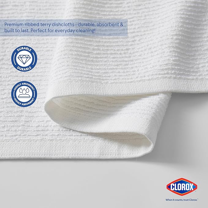 CLOROX Ribbed Bar Mops - 100% Cotton Quick Dry Extra Large Dishcloths - Absorbent Multipurpose Cleaning Cloths for Restaurants, Kitchen, Bathroom, Hotel - 16" x 19" - White 3 Pack