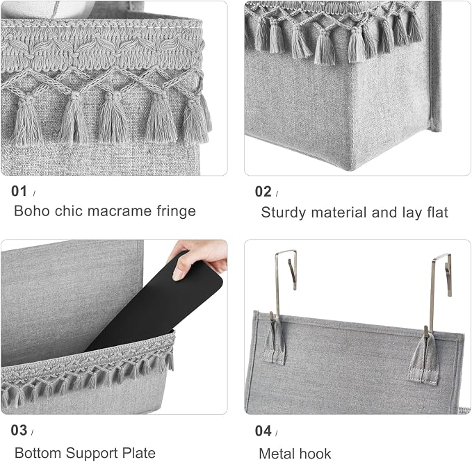 Dahey Over The Door Organizer Boho Nursery Storage Decor Closet Hanging Organizer with Tassels Decoration for Bedroom Nursery Bathroom Apartments Dorm Pantry, 4 Pockets, Grey