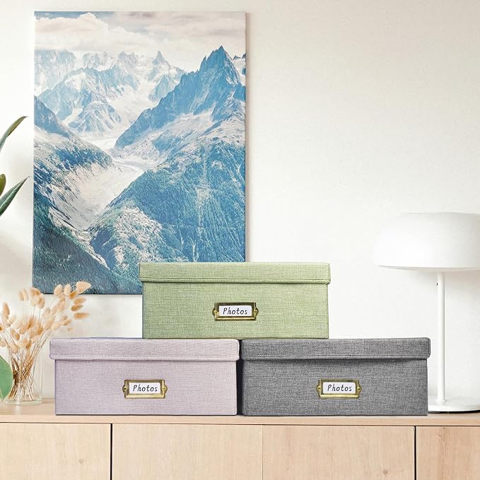 Linen Photo Storage Box – Holds 1700 Photos, Photo Organizer with Lid for Photo, Pictures, 24 Adjustable Dividers & 72 Labels Multi-Use Organizer Memory Box for Envelopes, Baby, Wedding, Cards Green