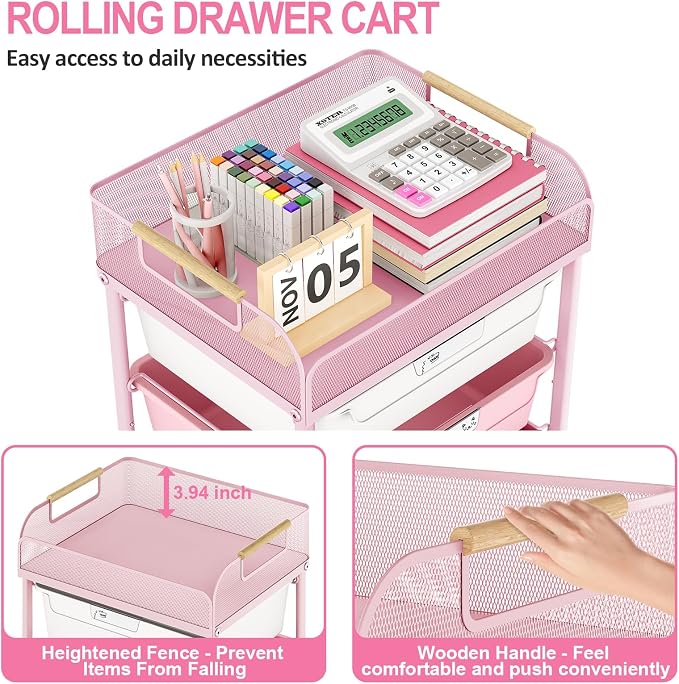 SYKIARIOL 4-Drawer Rolling Storage Cart with Mesh Top, Utility Craft Organizer Cart on Wheels with DIY Labels, Rolling Drawer Cart for Home Office Classroom Bedroom, Rose Pink