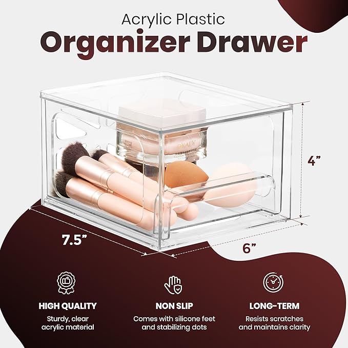 Oizeir Acrylic Drawer Organizer 2-Pack – Clear Stackable Storage Drawers for Makeup, Skincare, Vanity, Bathroom, Under Sink, Kitchen & Office – Non-Slip, Durable, Multi-Purpose Organizer Bins