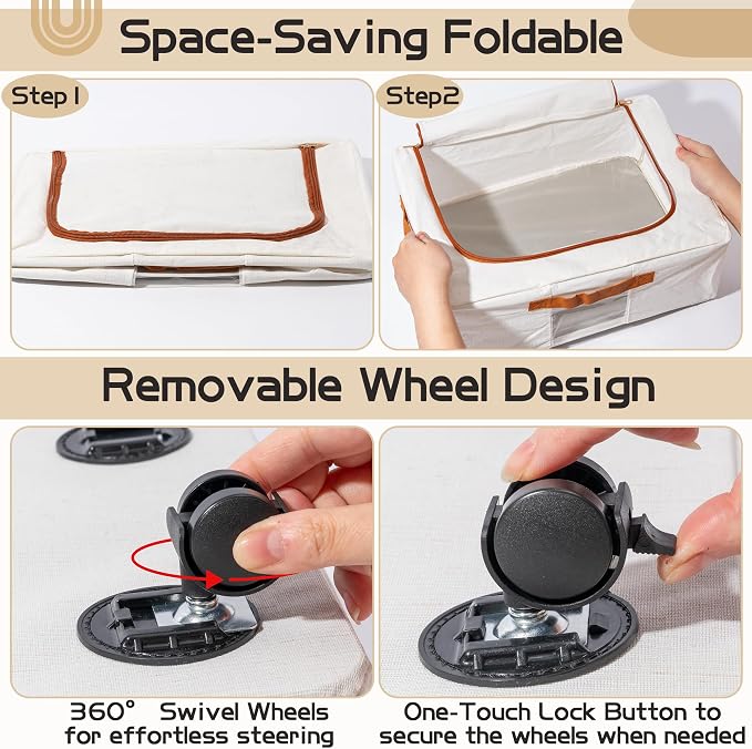 Under Bed Storage Organizer with Wheels - 2 Pack Large Foldable Underbed Drawer with Handle Side Clear Zipper Lids Waterproof Storage Bin Toy Shoe Cloth Container for Nursery Bedroom Home Dorm
