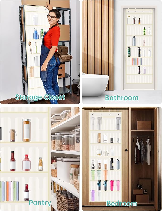 NiHome 35-Pocket Door Hanging Cup Organizer Fit for Stanley Tumbler 30 40oz | Large Capacity Over the Door Water Bottle Storage with Nano Tape, Waterproof Oxford Fabric, U-Shaped Handle Slots (Beige)