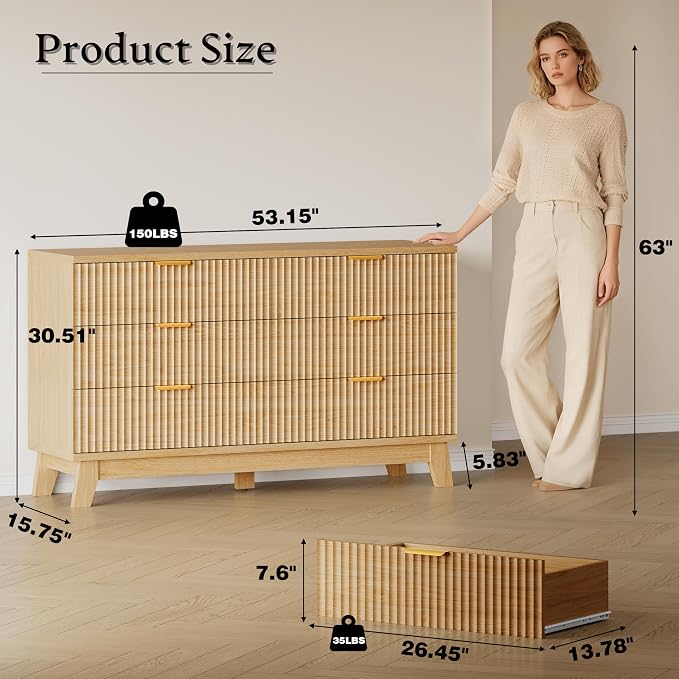 BORNOON 53" Long Dresser for Bedroom, 6-Drawer Dresser with Fluted Fronts, Wide Wood Chest of Drawers, Smooth Metal Slides, Stable Base, Modern Clothes Storage Cabinet for Living Room, Hallway