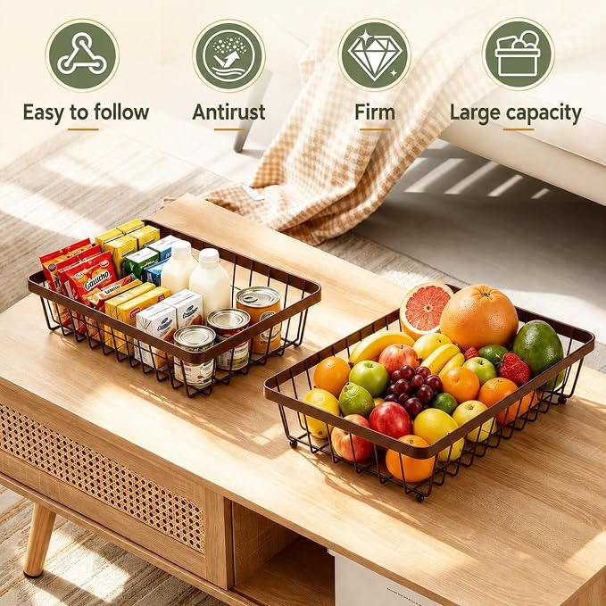 2-Tier Fruit Basket for Kitchen Counter with 2 Banana Hangers | Large Metal Fruit Bowl, Versatile Holder for Veggies, Produce Storage, 12.5"×7.5"×12"-Bronze