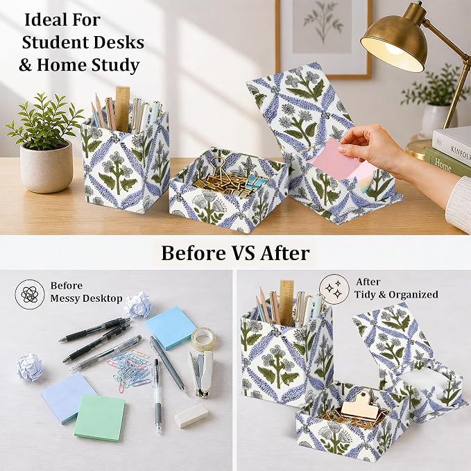 Ridhi Light Steel Blue Block Print Handmade Office Desk Organizer Pen and Sticky Note accessories Holder Cute, Aesthetic, Decor workspace Caddy Gift for Office, Teachers, Professionals, Students