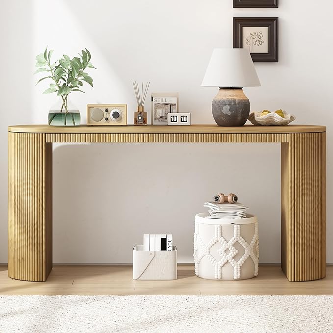 Modern Curved Console Table 59.2-Inch Fluted Entryway Sofa Table for Living Room Entrance Hallway Furniture, Natural