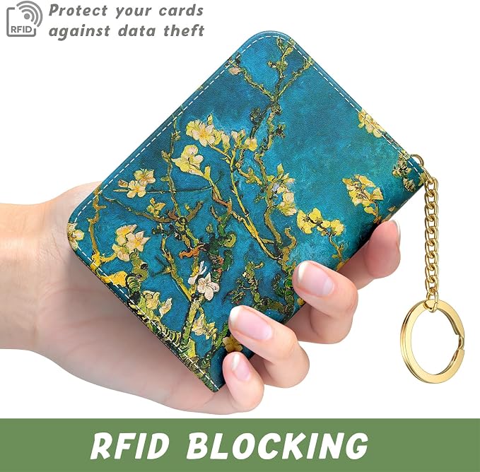 Aiawoxc Credit Card Holder, Small RFID Wallet Slim Leather Card Organizer Case with Zipper and Keychain, Almond Tree