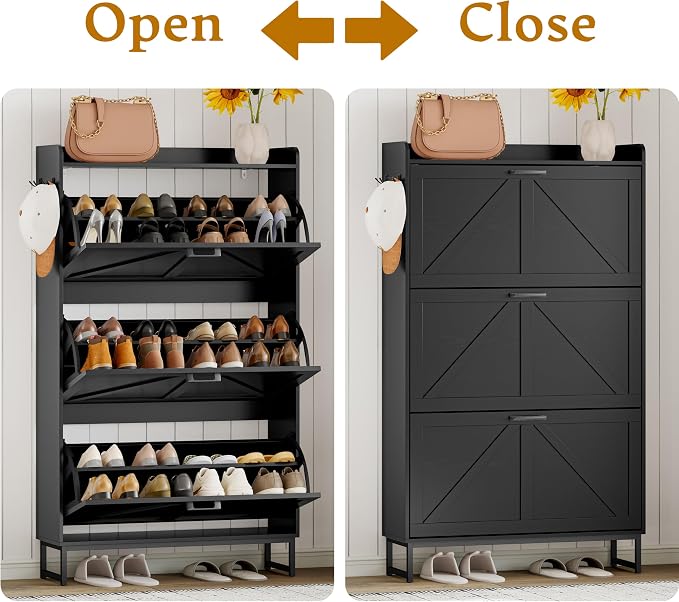 Wodeer Shoe Cabinet Storage for Entryway, Shoe Storage Cabinet with 3 Flip Drawers, Freestanding Narrow Shoe Rack Organizer with Metal Legs & Side Hook for Foyer, Hallway, Black