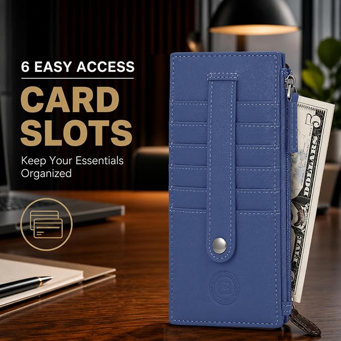 Leatherboss Genuine Leather Women's All in One Credit Business Card Case Holder Slim Zipper Wallet With a Card Protection Strap, Royal Blue