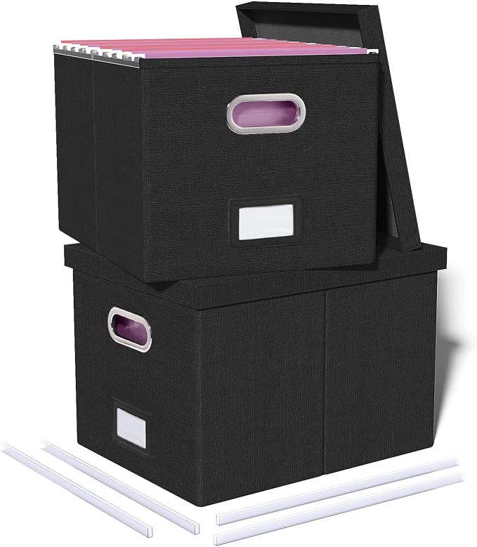 Oterri 2 Pack File Storage Organizer, Filing Box, Portable File Box with Lid, Fit for Letter/Legal File Folder Storage, Document Organizer, Black