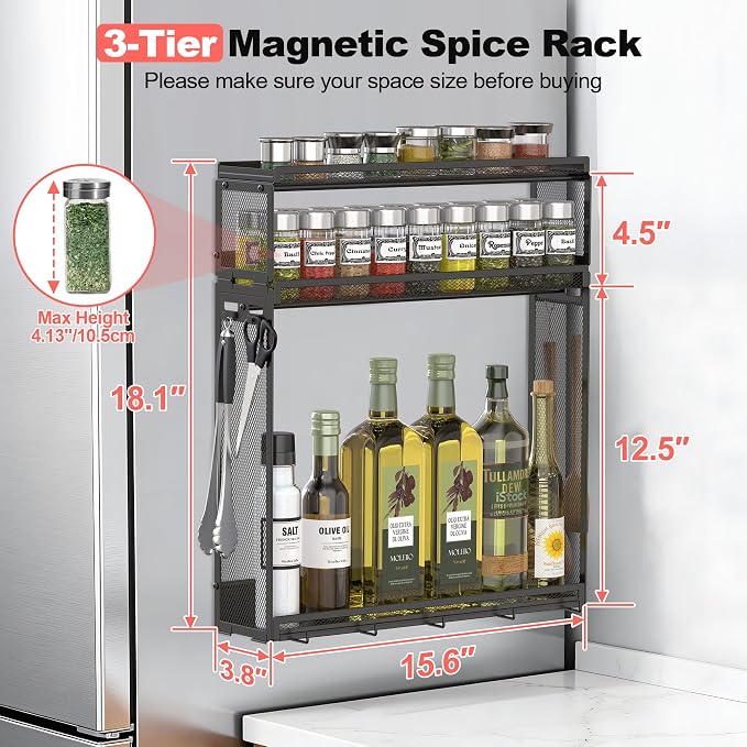 Docnest 3 Tier Refrigerator Magnetic Spice Organizer Shelf with Hooks, Black