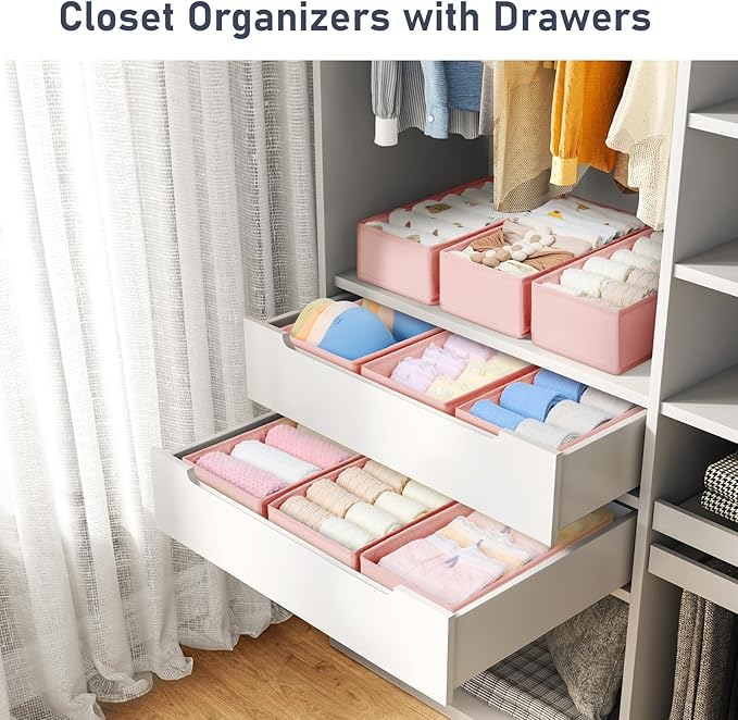 DIMJ Drawer Organizer Clothes - Underwear Organizer Small Sock Organizer Closet Organizers and Storage Box Dresser Drawer Dividers for Baby Clothes,Bra,Socks, Belt, Tie, Set of 12, Pink