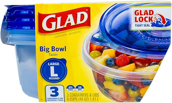 Glad GladWare Big Bowl Food Storage Containers with Lids, Large Round BPA Free Plastic Containers for Soups, Salads, and Meal Prep, Lock Tight Seal, Microwave Dishwasher Safe, 48 Oz, 3 Count